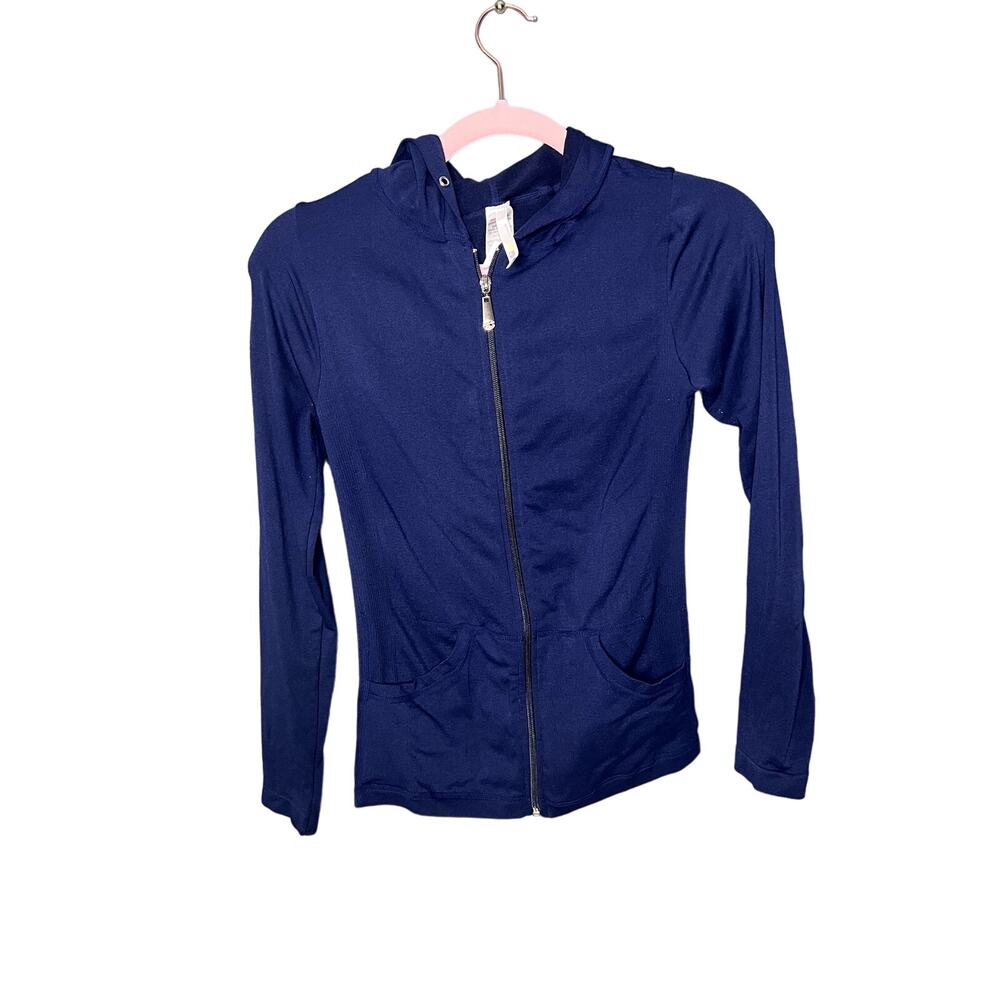 GG's Fashion Sports Zip Up Sweater Blue Tight Fitting Ribbed Sides Size XS/S